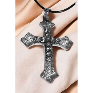 Handmade Silver Glitter And Rhinestone Resin‎ Cross Pendant